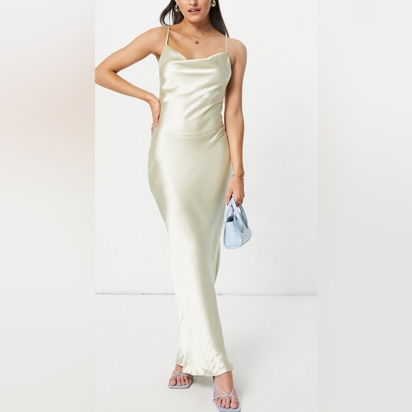 Maxi slip dress in high shine satin with lace up back in oyster - Picture 1 of 4
